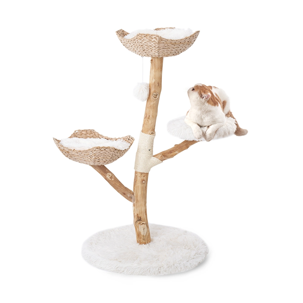 Modern Cat Tree Multi Level Natural Wood Cat Tower Unique Design Easy Climb for Small and Old Cats