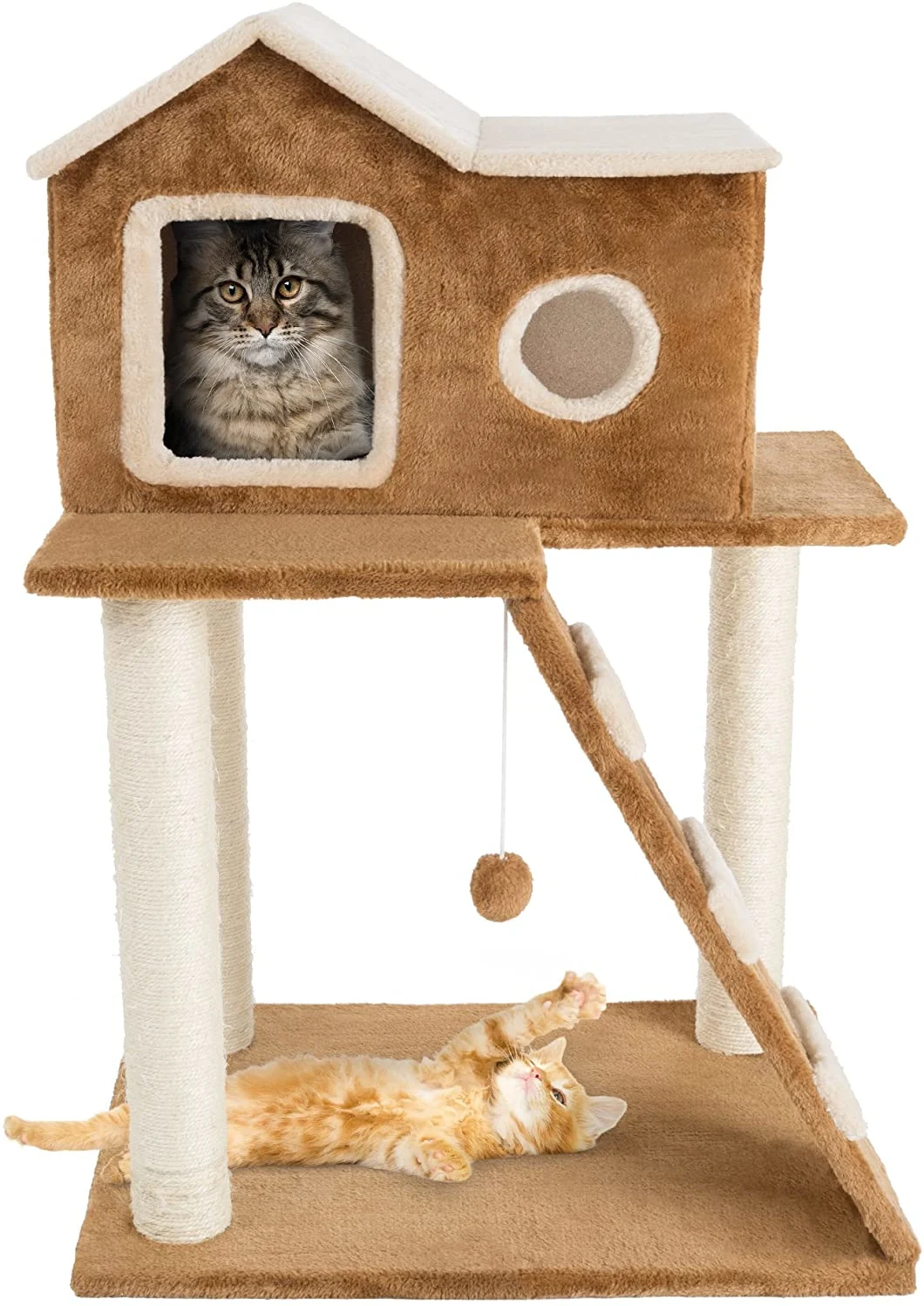 3 Tier Cat Tree- Plush Multilevel Cat Tower with Scratching Posts, Climbing Ladder, Cat Condo and Hanging Toy for Cats and Kittens by