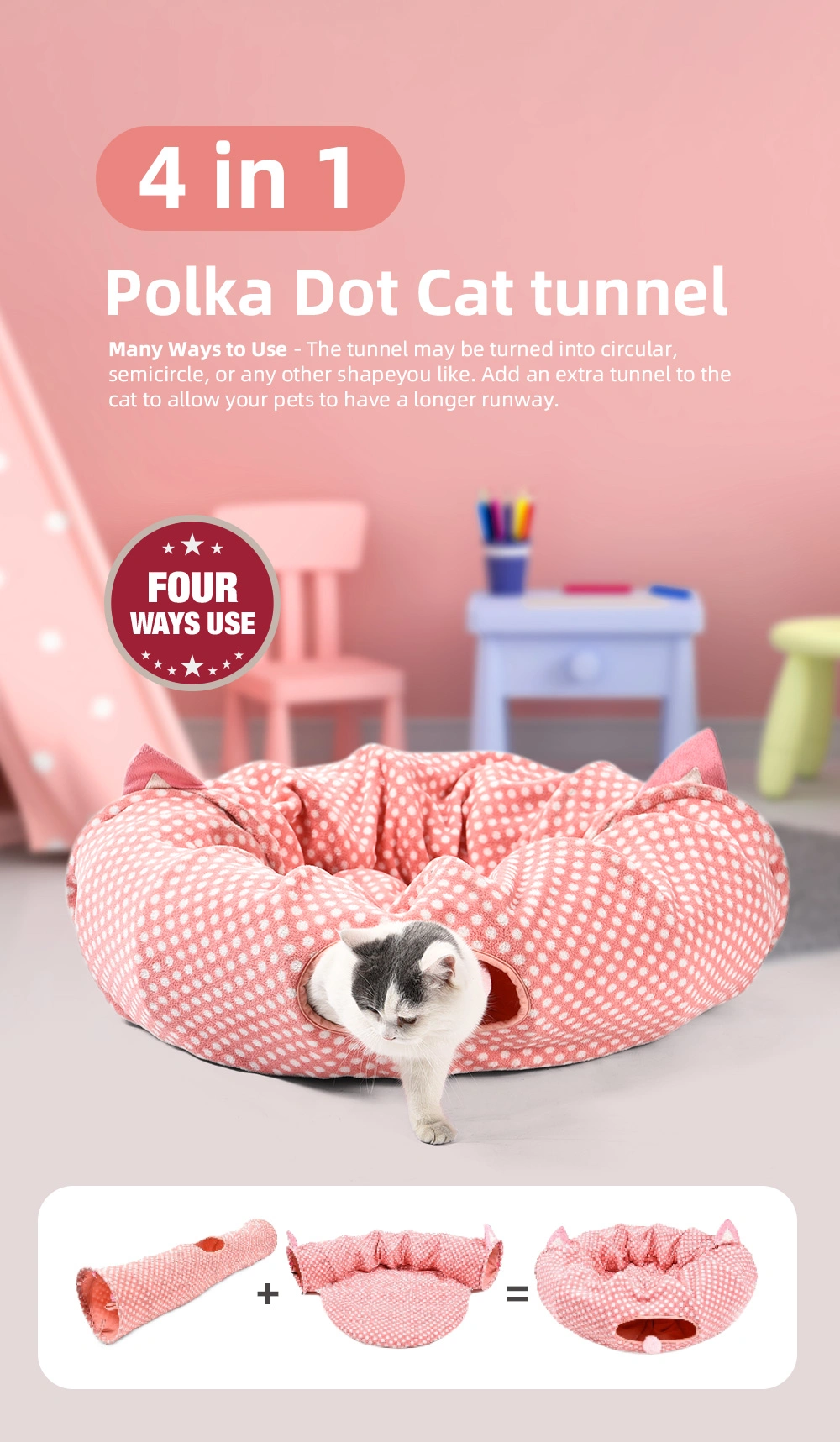 4 in 1 Pink DOT Sweet Style Pet Kitty Bed Detachable Foldable Cat Tunnel Bed